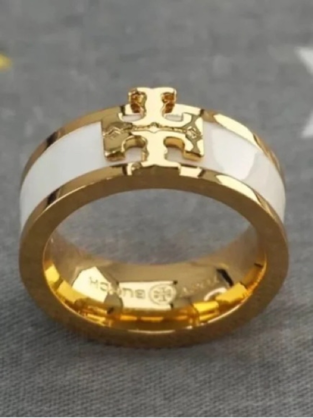 Tory Burch Gold and White Logo Band Ring